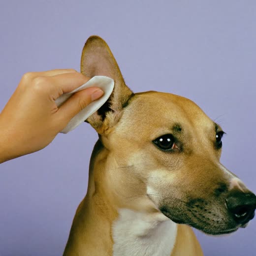 A dog having its ears cleaned